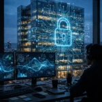 A bank headquarters tower at dusk overlaid with a glowing padlock hologram as a cybersecurity analyst monitors network-defence screens
