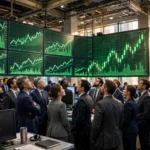 Traders watching a wall of green rising stock charts on a trading floor as the S&P 500 hits a record high.