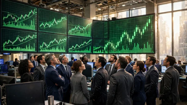 Traders watching a wall of green rising stock charts on a trading floor as the S&P 500 hits a record high.
