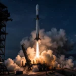 A SpaceX Falcon 9 rocket lifting off at night from Vandenberg Space Force Base carrying 21 US Space Development Agency data-transport satellites into orbit.