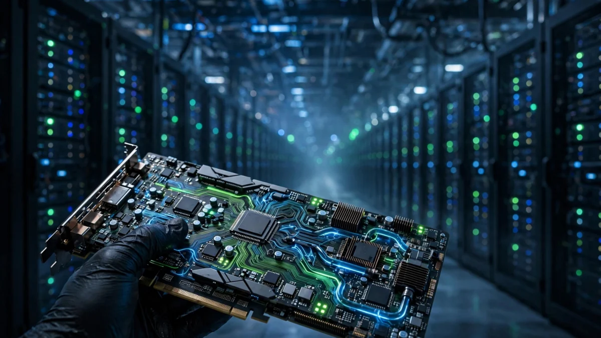 A gloved hand holding a high-end AI accelerator chip inside a vast data centre hall lined with server racks