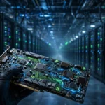 A gloved hand holding a high-end AI accelerator chip inside a vast data centre hall lined with server racks