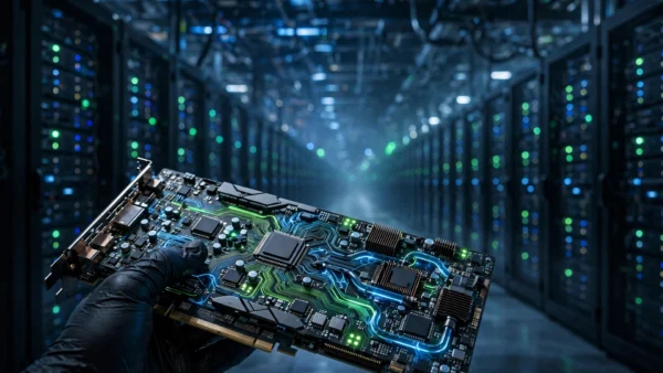 A gloved hand holding a high-end AI accelerator chip inside a vast data centre hall lined with server racks