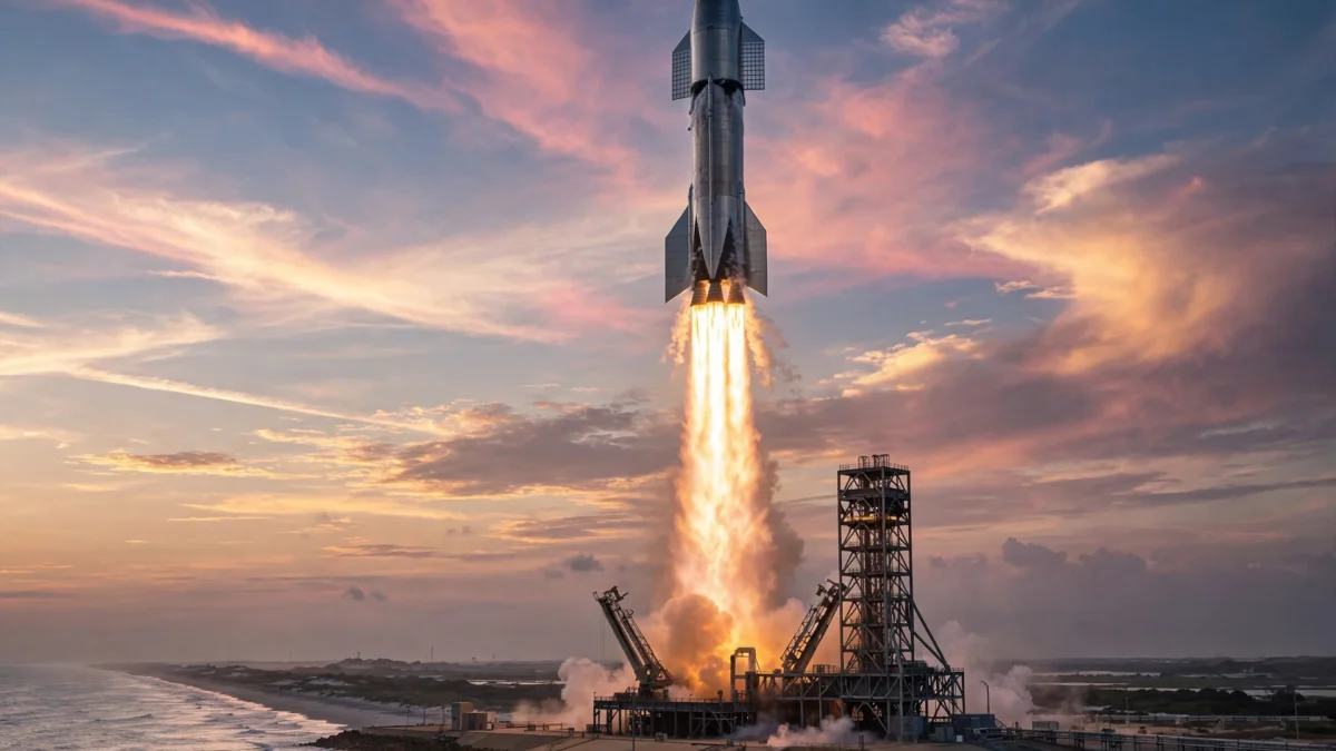 Giant reusable Starship rocket lifting off at dawn from a coastal launch site as onlookers watch from the beach