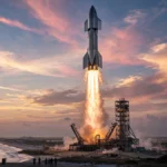 Giant reusable Starship rocket lifting off at dawn from a coastal launch site as onlookers watch from the beach