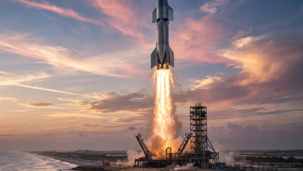 Giant reusable Starship rocket lifting off at dawn from a coastal launch site as onlookers watch from the beach