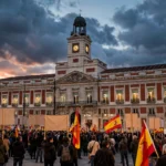 Protesters waving Spanish flags in Madrid's Puerta del Sol at dusk, during the housing crisis that triggered Spain's snap election call