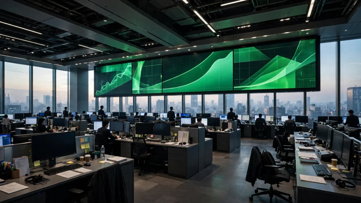 Traders at desks in a Tokyo stock exchange trading room beneath large green rising market charts