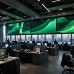 Traders at desks in a Tokyo stock exchange trading room beneath large green rising market charts