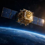 Artistic impression of Google's Project Suncatcher satellite with solar panels drifting in low Earth orbit above the Earth.