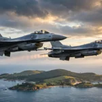 Two F-16-style fighter jets flying in formation over the ocean near an island coastline at dawn, illustrating Taiwan's strengthening air defences.