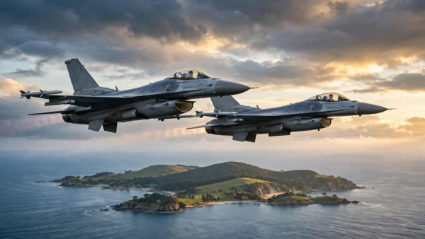 Two F-16-style fighter jets flying in formation over the ocean near an island coastline at dawn, illustrating Taiwan's strengthening air defences.