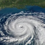 A massive tropical cyclone with a developing eye swirling over the Gulf of Mexico seen from above, with the US Gulf Coast coastline visible at the top