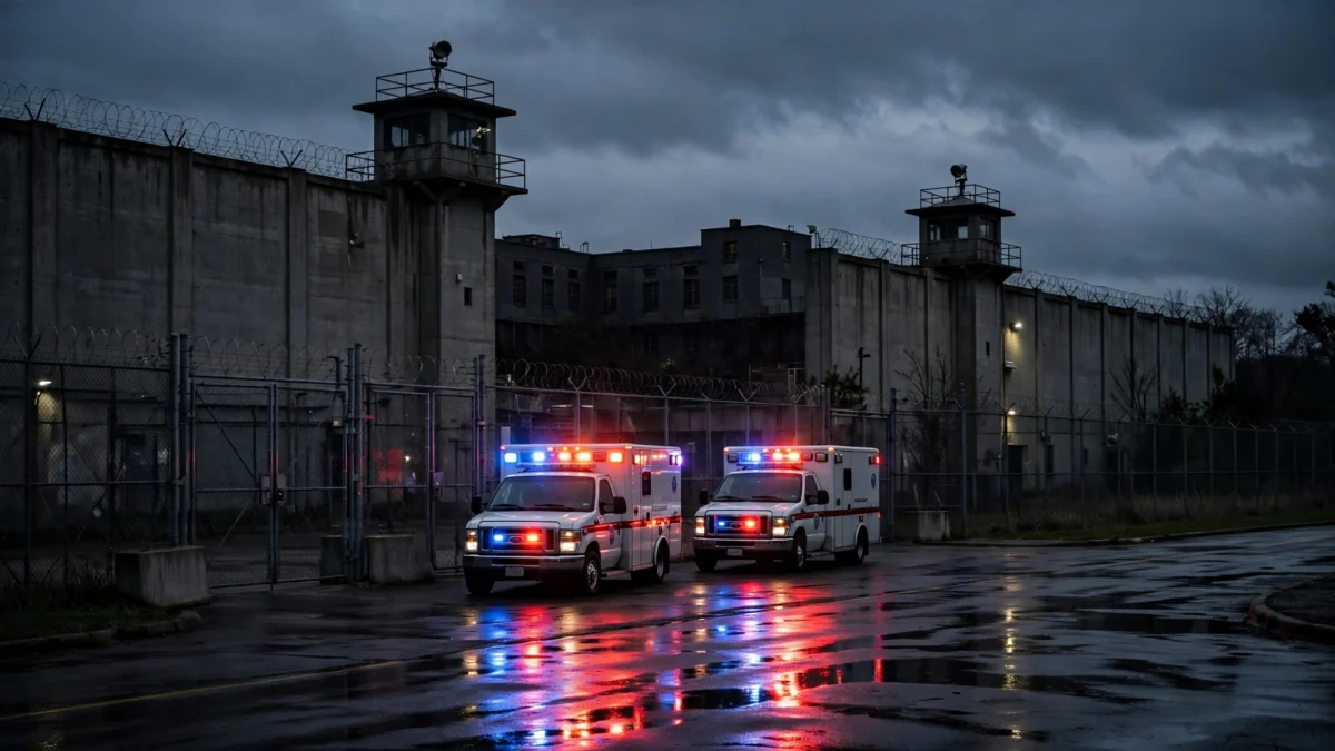 Riverbend Maximum Security Institution prison exterior at dusk with ambulances and flashing red and blue emergency lights outside the gates.