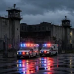 Riverbend Maximum Security Institution prison exterior at dusk with ambulances and flashing red and blue emergency lights outside the gates.