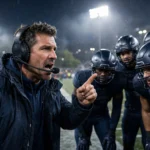 An American football head coach wearing a headset calling plays from the sideline under stadium floodlights during a night game.