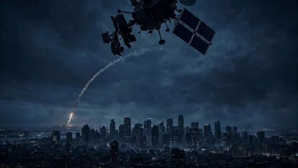 A ballistic missile trail arcs over a night city skyline beneath a darkened satellite — editorial illustration of Ukraine's three-day intelligence blackout