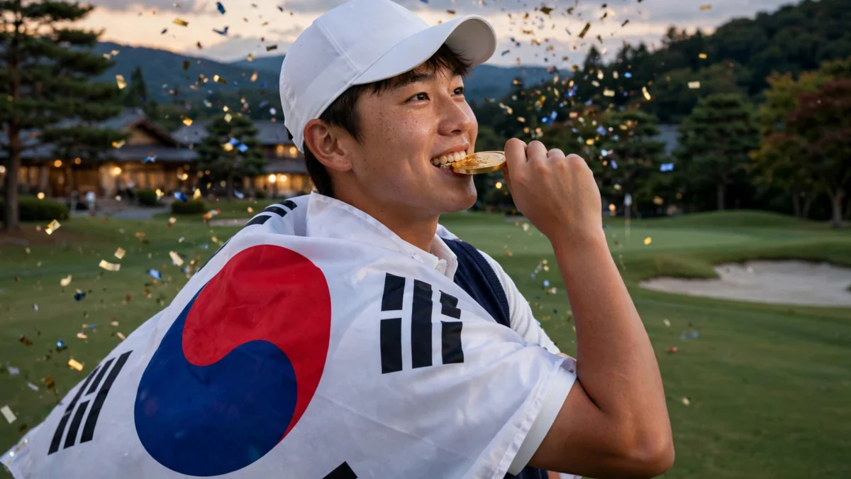 South Korean golfer Tom Kim celebrates his Asian Games golf gold medal with the national flag at Kasugai Country Club in Japan.
