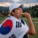 South Korean golfer Tom Kim celebrates his Asian Games golf gold medal with the national flag at Kasugai Country Club in Japan.