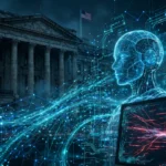 Editorial illustration of a holographic AI robot head probing a darkened US federal government building through streams of digital code, with a red warning glitch on a terminal screen