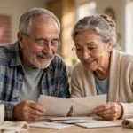 Elderly American couple reading official-looking mail at their kitchen table with a US flag in the background
