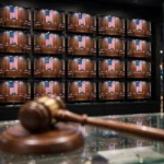Wall of television screens showing a courtroom scene with the American flag, with a judge's gavel in the foreground, illustrating a court order halting taxpayer-funded TV ads