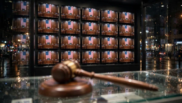 Wall of television screens showing a courtroom scene with the American flag, with a judge's gavel in the foreground, illustrating a court order halting taxpayer-funded TV ads