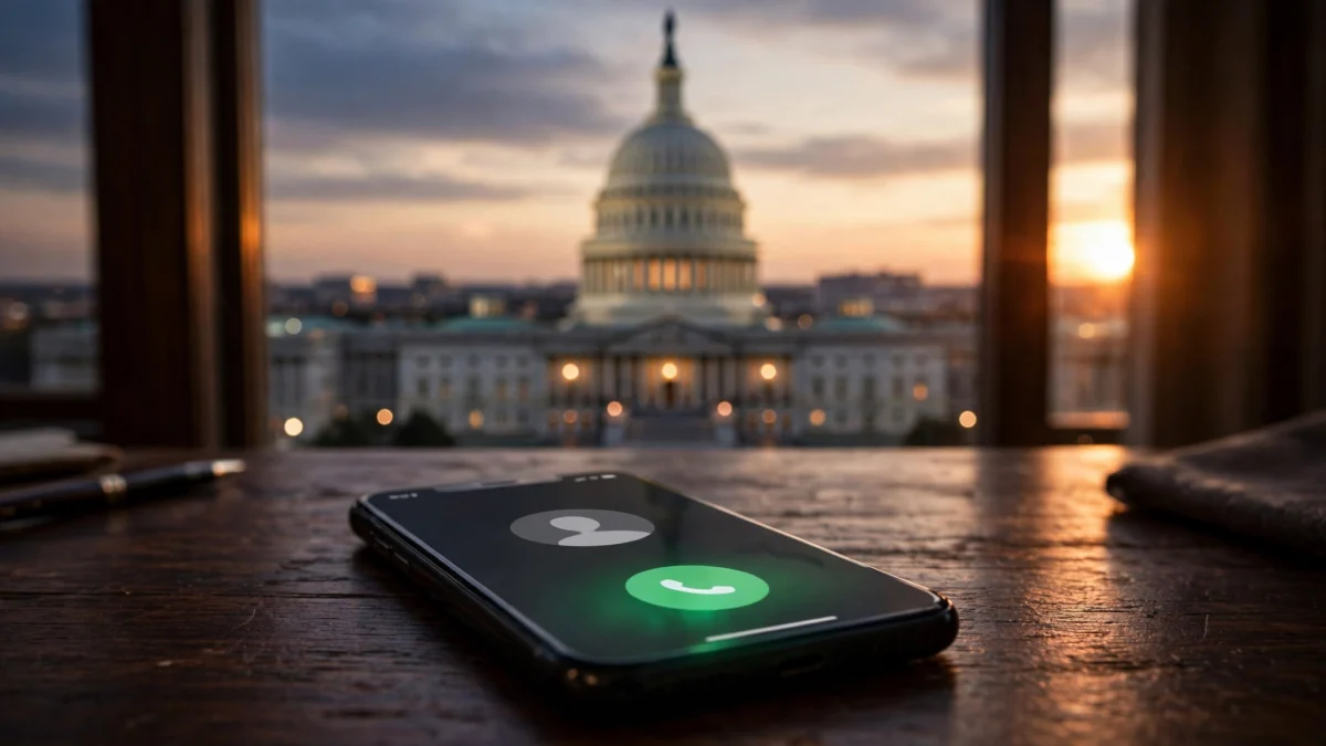 Smartphone showing an incoming-call screen on a desk, with the US Capitol dome at dusk seen through a window behind it.