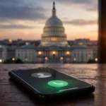 Smartphone showing an incoming-call screen on a desk, with the US Capitol dome at dusk seen through a window behind it.