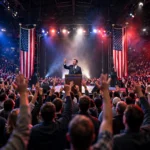Packed political campaign rally with a speaker at a podium and American flags on both sides of the stage