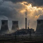 Power station with cooling towers and transmission lines under storm clouds breaking to sunlight at dusk, with distant drones in the sky.