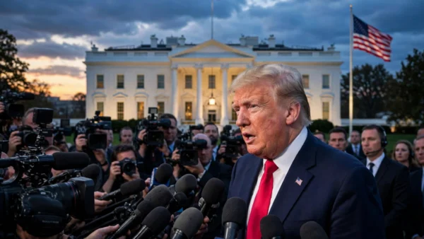 US president speaking to a scrum of reporters outside the White House at dusk, raised microphones, American flag in the background