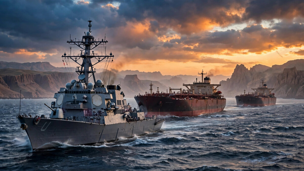 US Navy destroyer escorting oil tankers through the Strait of Hormuz at dawn