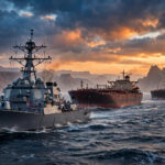 US Navy destroyer escorting oil tankers through the Strait of Hormuz at dawn
