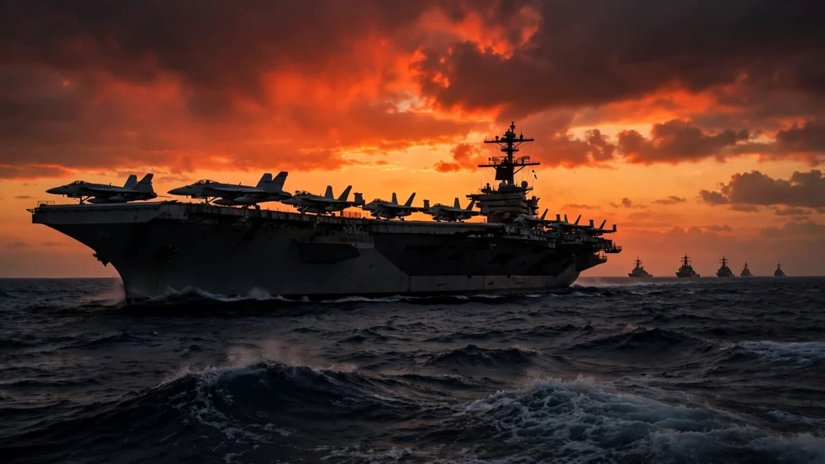 US Navy aircraft carrier strike group at sea at dusk amid rising tensions over possible new US strikes on Iran