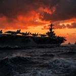 US Navy aircraft carrier strike group at sea at dusk amid rising tensions over possible new US strikes on Iran
