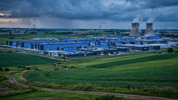 Aerial view of a massive AI data centre campus with glowing blue-lit buildings set amid green Ohio farmland at dusk