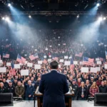 Photorealistic editorial image of a US presidential figure seen from behind at a podium on a brightly lit stage, addressing a packed indoor campaign rally arena with supporters waving American flags and blank placards, dramatic stage lights overhead.