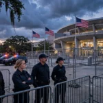 Law enforcement officers stand guard outside a university arena in Mobile, Alabama, at dusk ahead of a presidential campaign rally.
