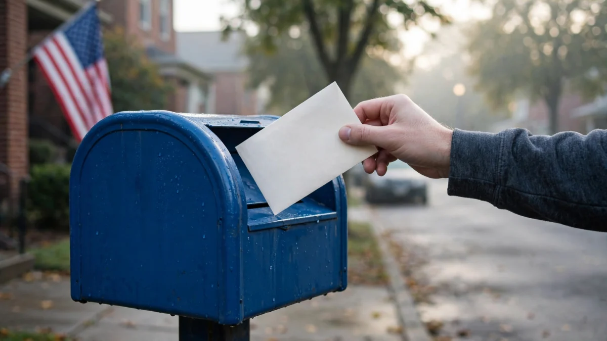 A voter's hand dropping a ballot envelope into a blue USPS mailbox on an American street, with the American flag in the background