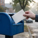 A voter's hand dropping a ballot envelope into a blue USPS mailbox on an American street, with the American flag in the background