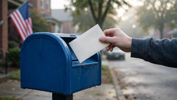 A voter's hand dropping a ballot envelope into a blue USPS mailbox on an American street, with the American flag in the background
