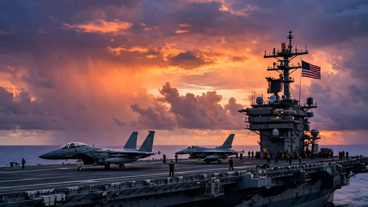 US Air Force fighter jets on an aircraft carrier deck at dusk with an American flag flying