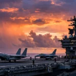 US Air Force fighter jets on an aircraft carrier deck at dusk with an American flag flying