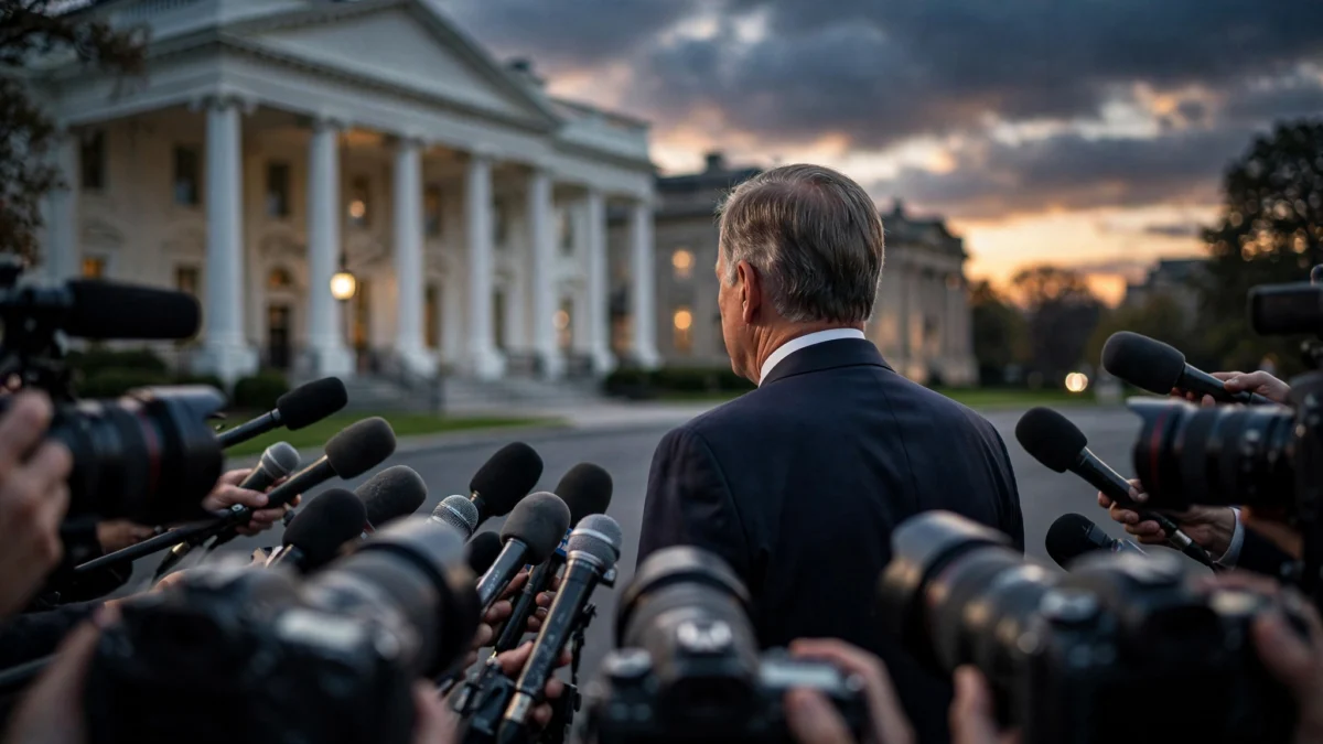 President answering questions in a press scrum outside the White House at dusk, surrounded by reporters' microphones and cameras.