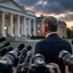President answering questions in a press scrum outside the White House at dusk, surrounded by reporters' microphones and cameras.