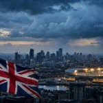Manchester stadium and skyline at dusk with Union Jack amid UK-UAE investment tensions over the Premier League verdict against Manchester City