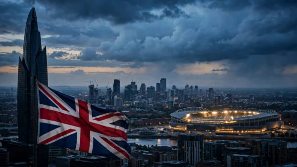 Manchester stadium and skyline at dusk with Union Jack amid UK-UAE investment tensions over the Premier League verdict against Manchester City
