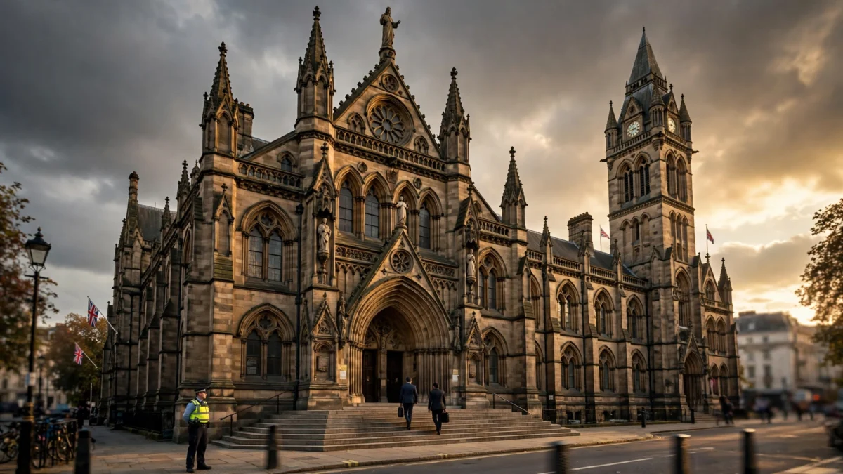 The grand stone facade of a London court building at golden hour, with a police officer standing on the pavement and two men in suits walking up the entrance steps