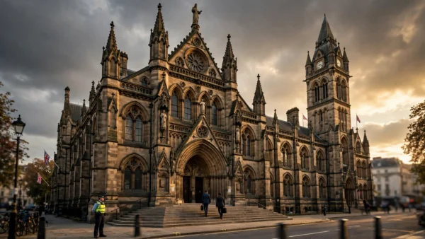 The grand stone facade of a London court building at golden hour, with a police officer standing on the pavement and two men in suits walking up the entrance steps